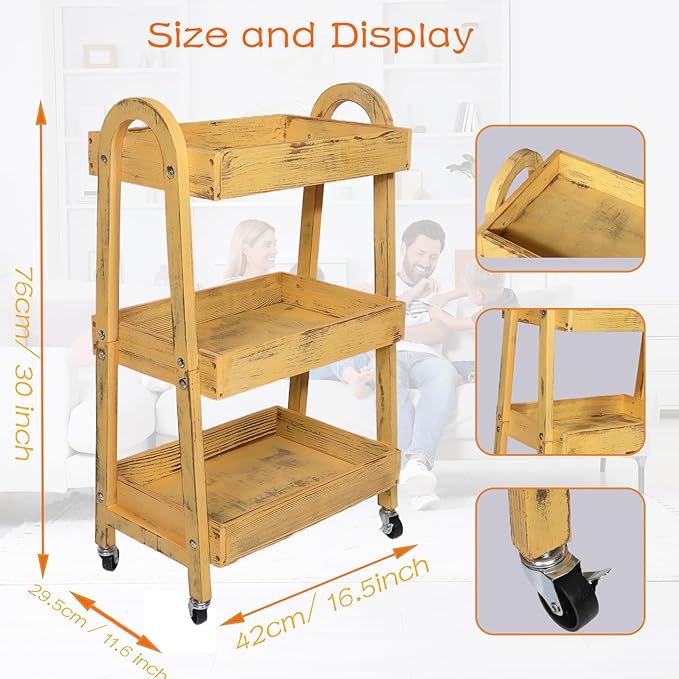 3-Tier Wooden Rolling Cart- Wooden Utility Cart wit Wheels- Utility Rolling Cart-Storage Trolley Organizer- Rolling Kitchen Serving Cart for Office,Kitchen, Kids' Room (Retro Yellow)