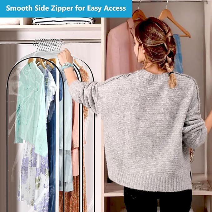 60" Clear Clothes Hangers with Smooth Side Zipper, 10" Gusseted Waterproof Garment Bags for Shirts, Coats, Dresses, Suits, 4 Pack