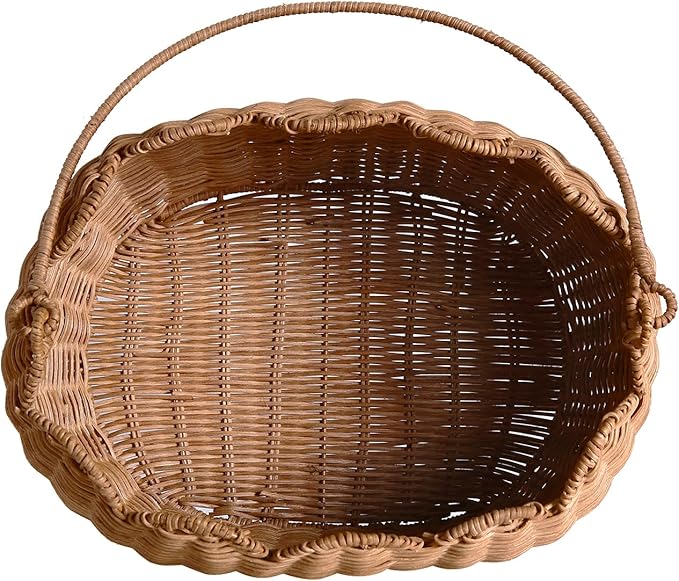 Scalloped Round Basket with Handle, Super Sturdy Wicker Storage Baskets, Hand Woven Basket for Shelves,Natural Baskets for Organizing (Rattan(12.6 * 9 * 6.1))