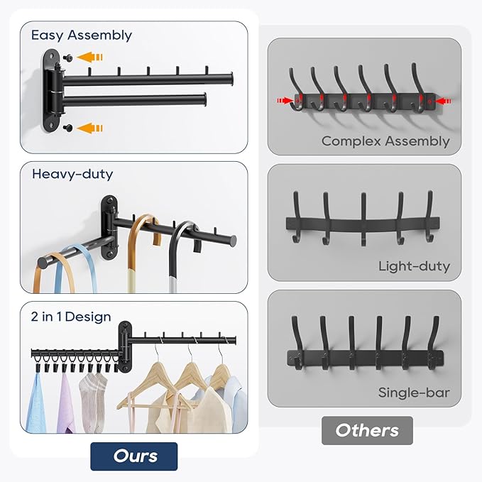Wall Mounted Drying Rack, 2-Tier Laundry Drying Rack with Swing Arm, Space-Saving Foldable Laundry Clothes Hanger with 10 Clips for Laundry Room Closet Organizer Bathroom Bedroom (2 Pack)