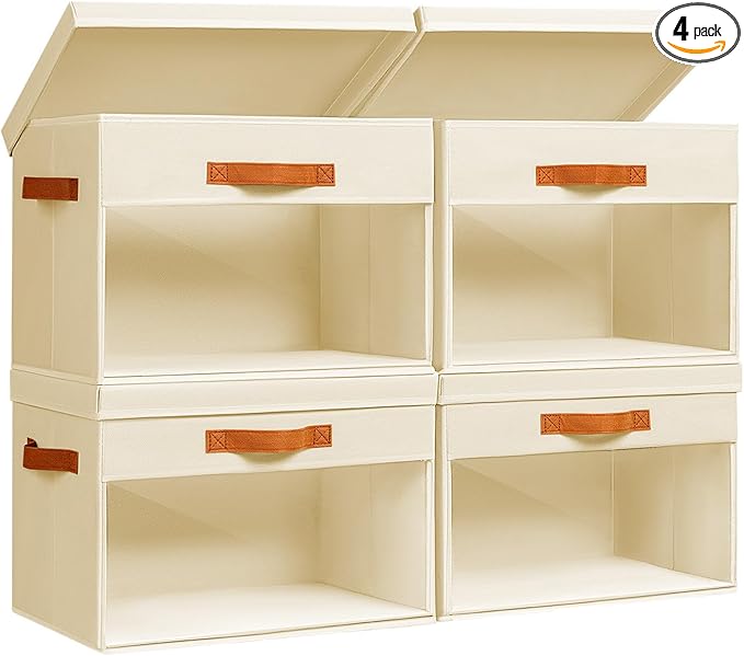 Large Storage Bins with Lids - 4 Pack Foldable Decorative Organizers with Clear Windows & Handles, Cube Storage Organizers for Clothes, Blankets, Sweaters, Sheets, Beige