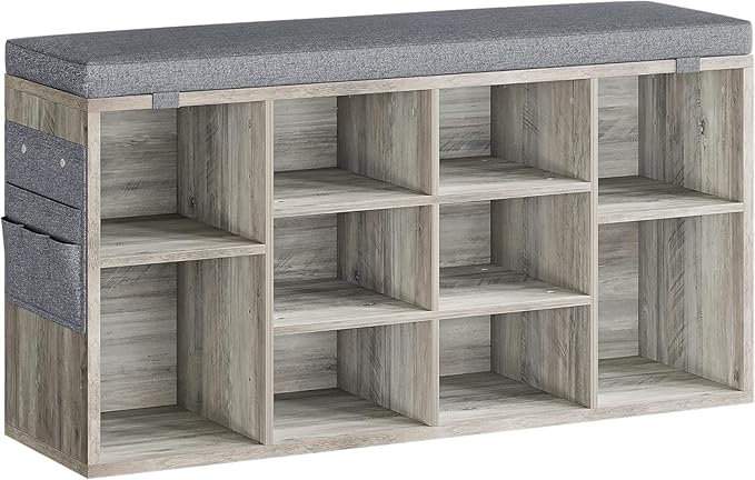 IDEALHOUSE Shoe Storage Bench with Cushion, 10 Cubbies Storage Rack Bench with Padded Seat, 41" Cubby Seat Shoe Cabinet with Adjustable Shelf for Entryway Hallway Living Room, Grey
