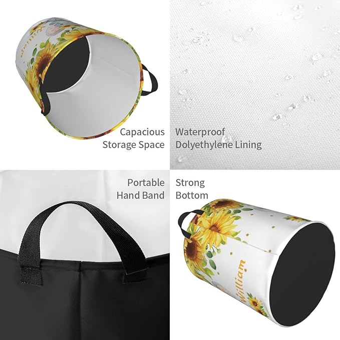Cute Elephant Sunflowers Personalized Laundry Hamper Custom with Name Collapsible Waterproof Storage Basket with Handles for Bedroom Clothes Toys.