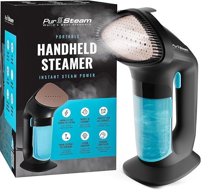 PurSteam SteamPulse Pro Handheld Steamer for Clothes, Portable Handheld Fabric and Garment Travel Steamer Iron Press Wrinkle Remover with Fabric Brush