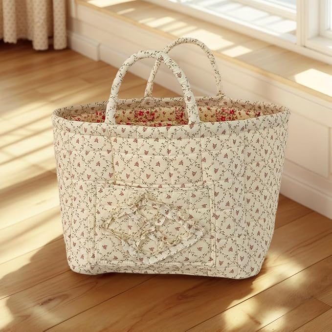 Quilted Fabric Storage Basket Boho Floral Laundry Baskets with Handles Collapsible Quilted Soft Basket for Car, Clothes, Toys Storage