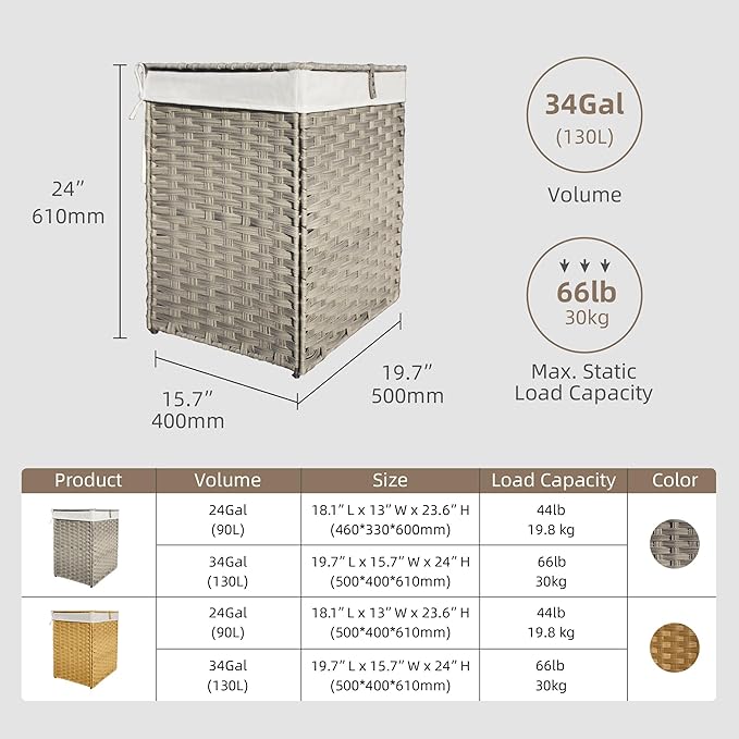 Wicker Laundry Hamper with Lid,34 Gal(130 L) Rattan Laundry Basket 2 Sections with Lid, Removable Machine Washable Line, Large Clothes Hamper with Handles for Bathroom Bedroom, Gray