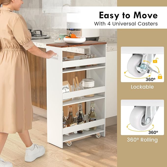 Slim Storage Rolling Cart, 4-Tier Side Out Shelving Unit with Handle, Mobile Organizer Utility Cart on Wheels for Laundry, Bathroom, Office, Kitchen, Narrow Places (White & Brown, Extra Width)