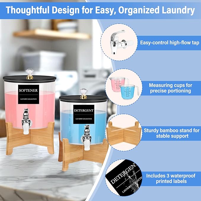 Laundry Detergent Dispenser Set 2 Pack Large & Small Liquid Laundry Soap Dispensers with Bamboo Stands Acrylic Laundry Detergent Containers Total Capacity About 1.25 Gallons Laundry Room Organization