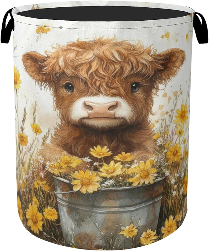 Cute Highland Cow Flower Foldable Canvas Laundry Basket with Handles - Storage Organizer, Heavy Duty for Home，Bedroom, Dorm, Bathroom