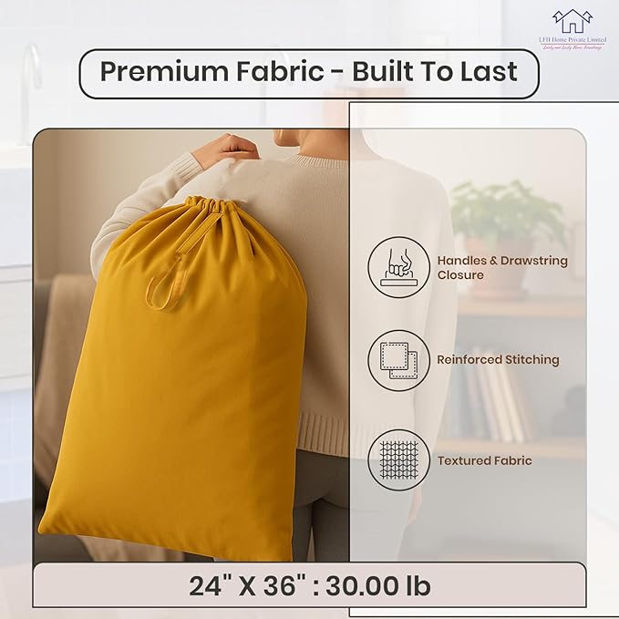 LFH Home Large Premium Cotton Canvas Laundry Bag with Drawstring and Handles Heavy Duty, Multi-Use, and Washable for Home, Travel, College or Storage 24x36 (Pack of 2)-Yellow