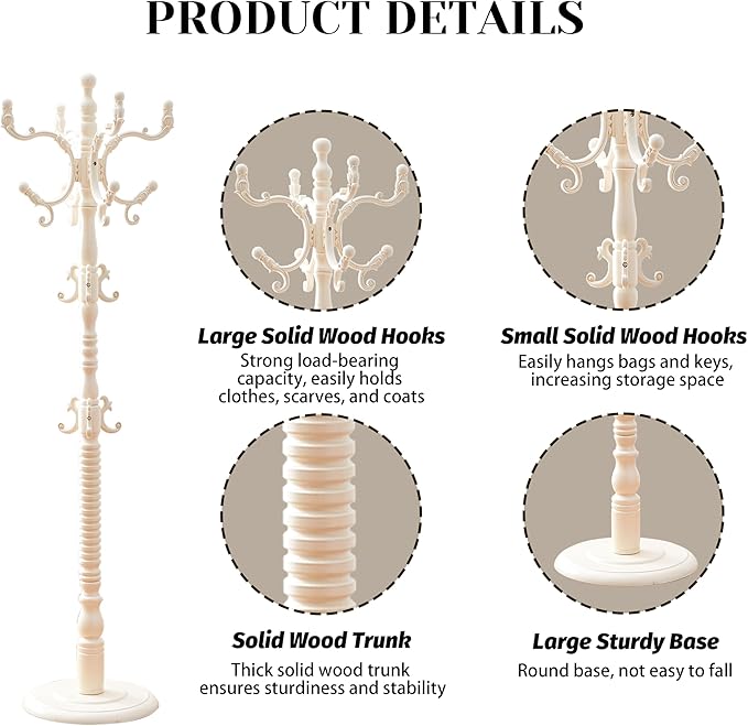 Solid Wood Coat Rack Freestanding Coat Tree with 18 Hooks, 3 Adjustable Height Sturdy Coat Racks Tree for Coats, Hats, Bags, Vintage Wood Coat Tree Hanger Stand for Living Room,Entryway,Office