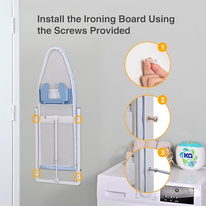 KINGBOARD Wall Mounted Ironing Board with Iron Holder, Compact Ironing Board for Small Spaces, Foldable Iron Stand Heat Resistant Cover, 36" X 12" Light Blue