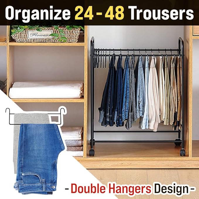 Japard Pants Organizer Rack Trolley with 24 Double Hangers Rolling Trouser Metal Rack, Space Saving Closet - 48 Storage Pants Jeans Scarf (White - 24 Hangers)