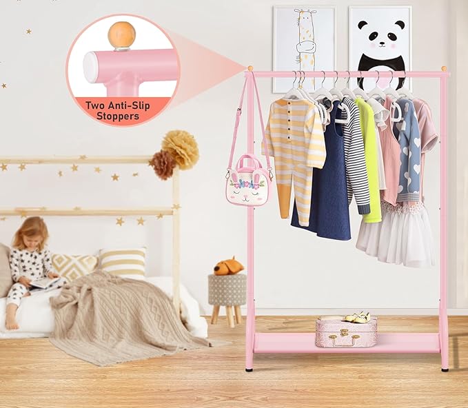 SLEEPING LAMB Kids Clothing Rack, Small Baby Clothes Rack with Bottom Storage Shelf, Kids Dress Up Rack Storage for Coats, Dance Costume Garment Rack for Hanging Clothes, Pink