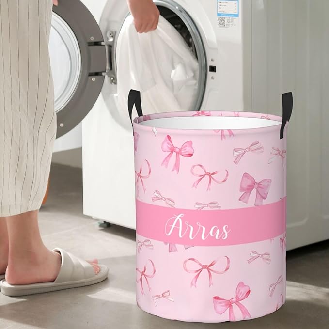 Personalized Laundry Basket for Nursery, Custom Nursery Laundry Hamper with Name, Customize Baby Clothes Circular Hamper for Boys Girls Room Decor, Pink Bows