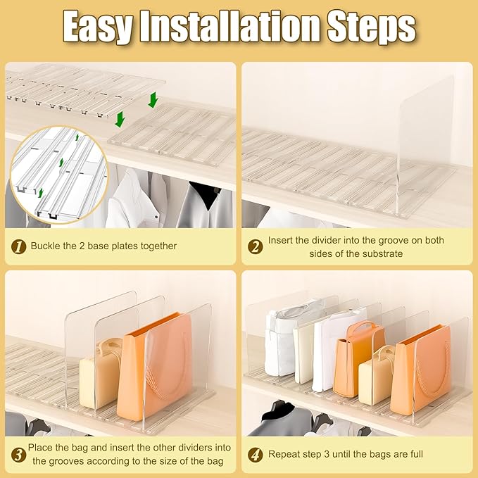 Adjustable Bag & Purse Organizer for Closet, Acrylic Shelf Dividers, Handbag Storage Organizer Clear Purse Dividers for Closet Organization Separators for Handbag, Book in Bedroom, Office