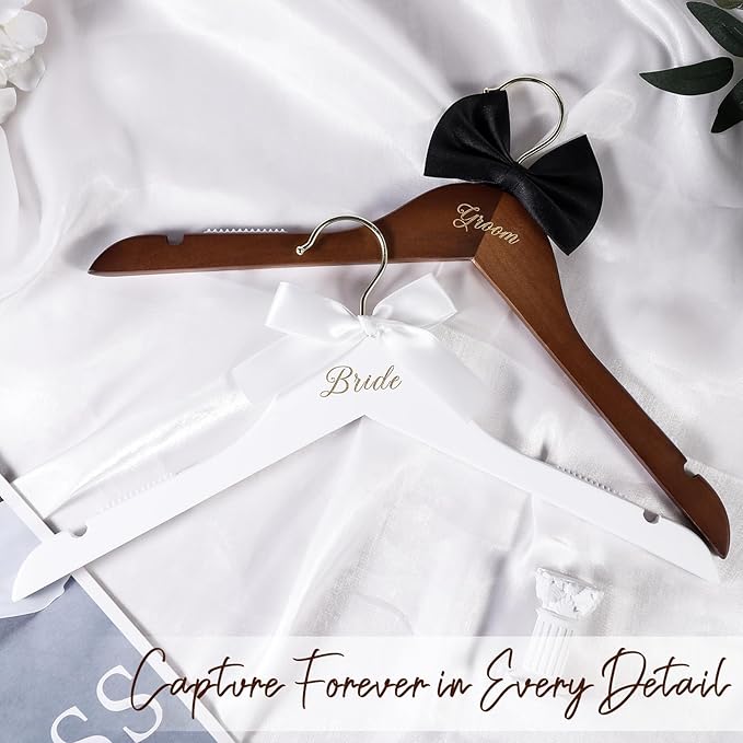 2 Pack Wedding Hangers, Bridal Hanger, Bride Hanger, Wooden Bride and Groom Wedding Dress Hangers with Attached Bow Tie, Bridal Shower Gifts, Bridal Tuxedo Suit Wedding Gift for Couples