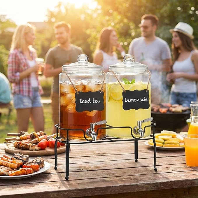 1 Gallon Glass Drink Dispenser Set of 2, Drink Dispensers for Parties, Beverage Dispenser with Stand, Glass Lid, 100% Leakproof Spigot, Ideal for Lemonade, Juice, Iced Tea, Laundry Detergent Dispenser