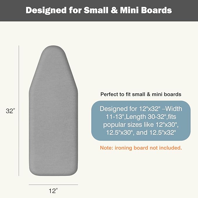 Small Ironing Board Cover and Pad 12.5"x30" Small Iron Board Cover with Padding,Tabletop Mini Ironing Board Cover and Pad Small Size, Cotton Canvas, Heat Resistant, Drawstring Gray