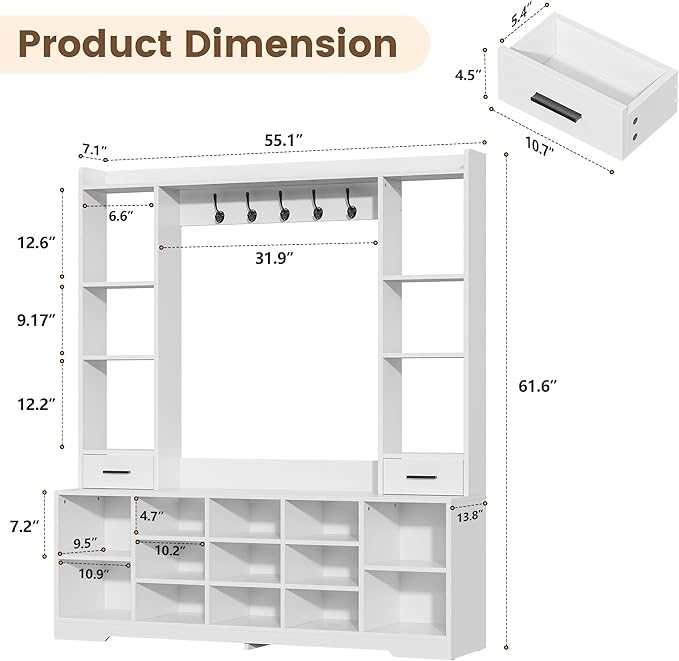 61.6" H White Hall Tree with Bench and Shoe Storage, 6-in-1 Multi-Functional Entryway Bench with 2 Drawers, 5 Coat Racks, Shoe Rack with 13 Shoe Cubbies, Entryway Storage Organizer, White