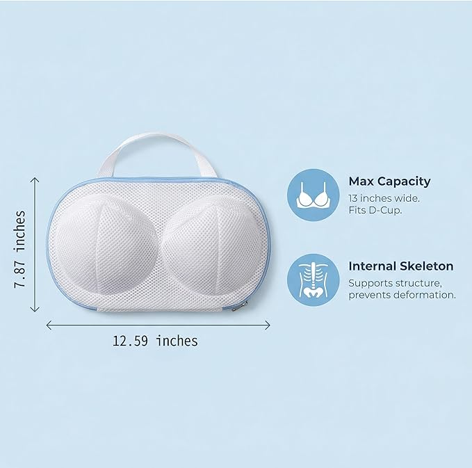 2 Pack Large Bra Wash Bag with Hooks, 3D Mesh Laundry Mesh Bag for Lingerie and Delicates, Zippered Underwear Laundry Bag, Gray & Blue