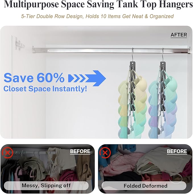 HOUSE DAY Tank Top Hanger, Dual-Row 5 Tier Space Saving Bra Hanger, Premium Lotus Wood Non-Slip Hangers with 360° Swivel Hooks, Closet Organizer for Sports Bras & Tank Tops, Cami (Black 1 Pack)
