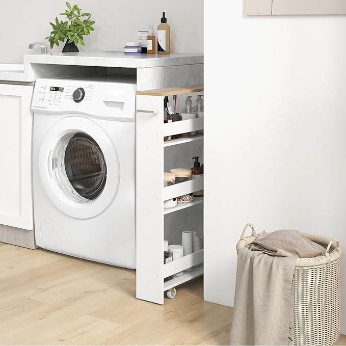 5”W Wooden Slim Rolling Storage Cart, 4 Tier Rolling Spice Rack with Handle, Cabinet Between Washer & Dryer, Slide Out Narrow Kitchen Cart for Kitchen Laundry Narrow Places