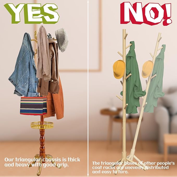 73 in Wood Coat Rack, Coat Rack Freestanding with Stable Round Base, Adjustable Height Tree Coat Racks Stand for Home Bedroom Office Hallway Entryway (Begonia Tray)