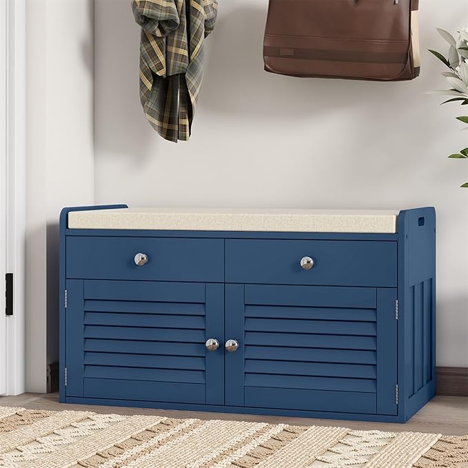 Shoe Storage Bench with Cushion, Shoe Bench, Padded Seat, 2 Drawer Storage, Entryway, Hold up to 300lbs, 15.8 x 32.29 x 18.1 Inches, Blue