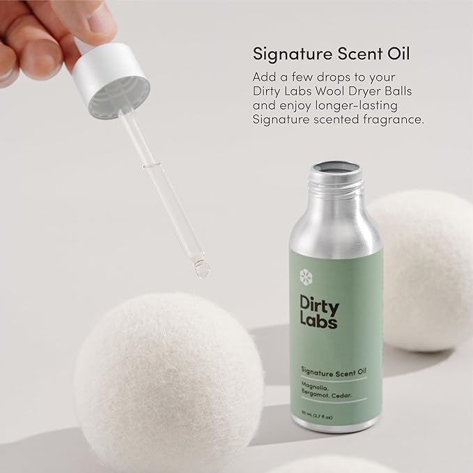 Dirty Labs | Signature Scent | Laundry Fragrance Oil and Glass Dropper | 80mL (2.7 fl oz) | Magnolia, Bergamot, and Cedar Blend | Laundry Scent Booster | Pairs with Dryer Balls | Hypoallergenic