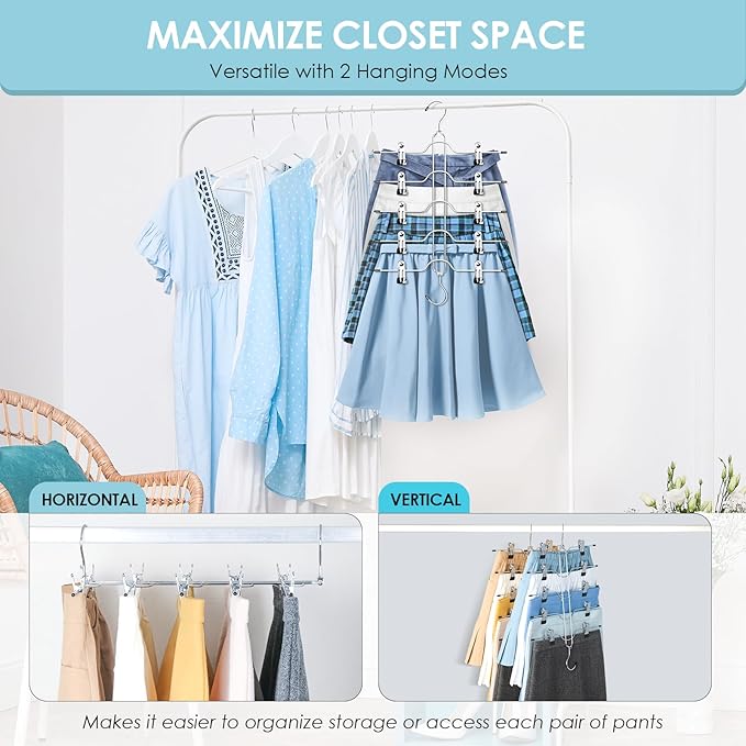 Skirt Hangers Space Saving for Woman, Jadkysarh 5 Tier Pants Organizer Hanger with Adjustable Clips Closet Organizer and Storage for Jeans, Leggings, Short - 2 Pack, Black