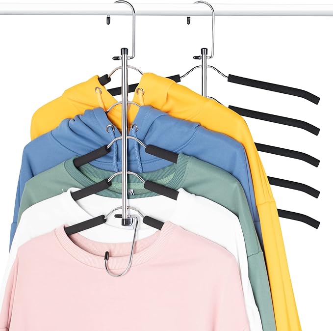 Space Saving Clothes Hangers – 5-in-1 Shirt & Coat Hangers with Non-Slip Foam, Stainless Steel Tiered Closet Organizer for Sweatshirts, Hoodies, Sweaters, T-Shirts – 2 Pack by ZNBEN