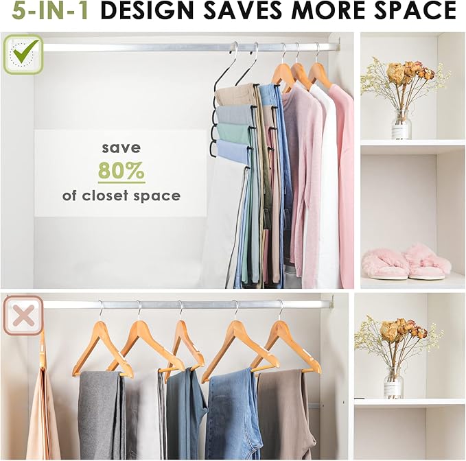 Velvet Hanger for Pants Space Saving- Multi Layer Jeans Trouser Hanger,Myfolrena Open Ended Hanger for Pants Multiple Hangers Closet Organizer for Scarf Jeans Leggings(5-Pack)