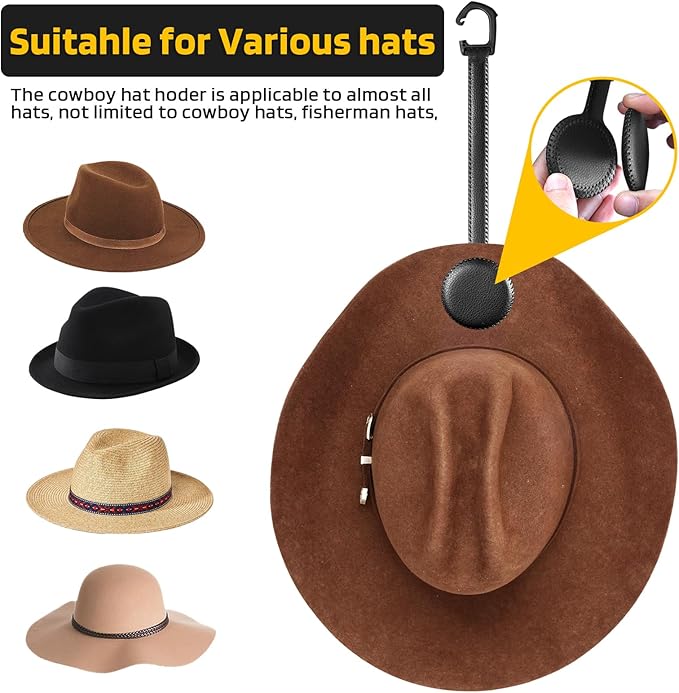 Cowboy Hat Holder for Truck, Magnetic Hat Clip Leather Hat Rack for Car, Headrest Hat Hanger Vehicle Hat Organizer Accessories - Keep Hat Shape, Black, 1 Pack