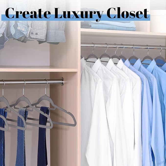 Smartor Grey Velvet Hangers 20 Pack, Space Saving Clothes Hangers with Tie Bar, Non-Slip Felt Hangers with Shoulder Notches, Heavy Duty Suit Hangers for Coat, Shirt, Pants, Dress