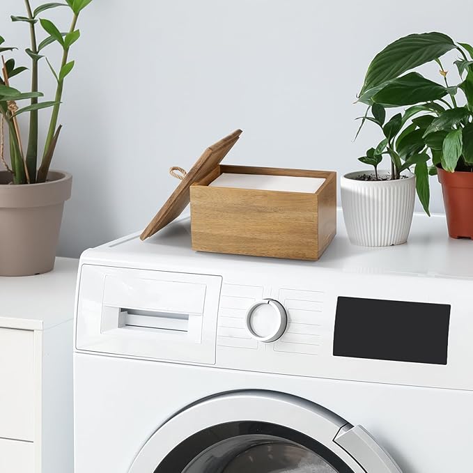Acacia Wood Dryer Sheet Holder - Laundry Sheets Container with Lid - Farmhouse Laundry Room Organization and Storage for Laundry Room Decor and Accessories - Fabric Sheet Dispenser