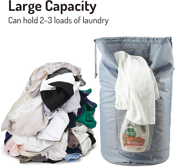 Seiritex Backpack Laundry Bag, Large Laundry Backpack with Detergent Holder and Adjustable Shoulder Straps for College Travel Dorm Room (Gray)