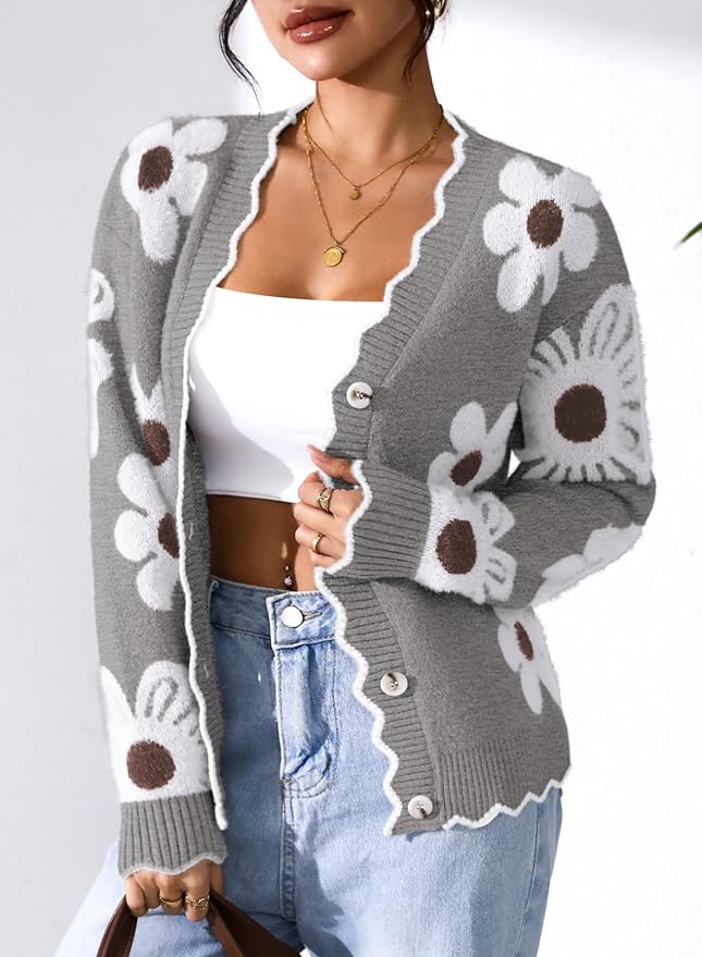 Pink Queen Fuzzy Sweater Cardigan for Women 2025 Fashion Long Sleeve Flower Outerwear Button Down Open Front Cardigan Coat