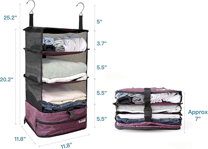 Grand Fusion Stow-N-Go Packing Organizer for Luggage, Portable Hanging Travel Shelves, Carry-On Closet, Hanging Packing Cubes, Collapsible Carry-On Organizer for Cruises & Hotels Burgundy - L