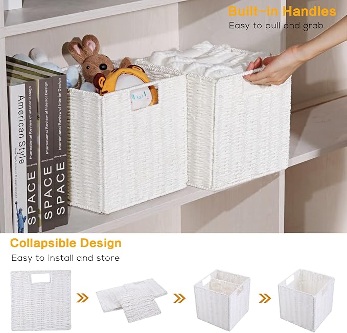 Vagusicc Wicker Storage Basket, Set of 2 Hand-Woven Storage Baskets for Organizing, White Foldable Cube Storage Bins Organizer, 9 x 9 Inch Square Wicker Storage Baskets for Shelves Pantry Decor