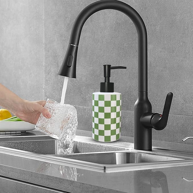Bathroom Soap Dispenser with Matte Black Pump White Ceramic Soap Dispenser for Kitchen Checkerboard Empty Pump Bottle (Green)