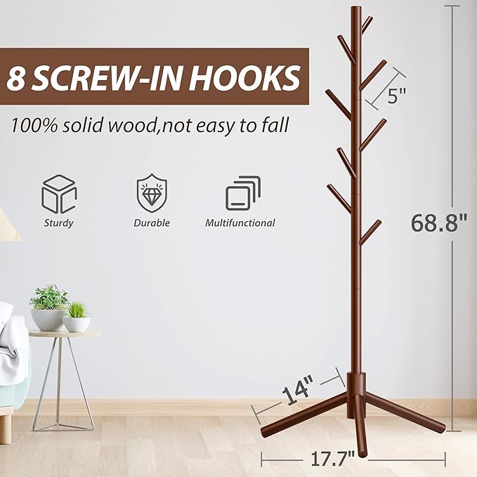 Durable Wooden Coat Rack, Freestanding Coat Rack with Stable Triangular Base, 8 Hooks & 3 Adjustable Heights, Simple Assembly for Bedroom, Hallway, Office(New Brown)