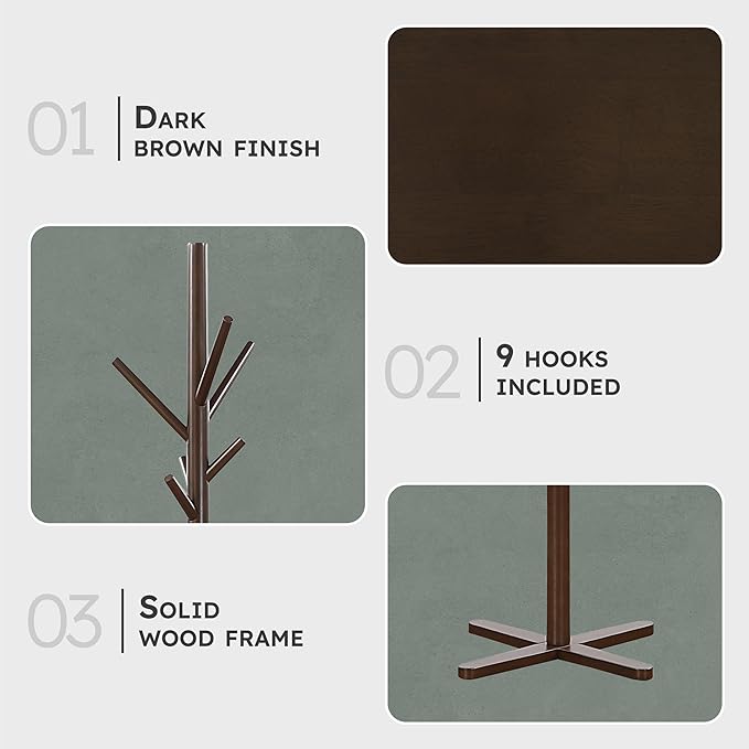 Lexicon Sturdy Solid Wood Coat Rack Stand with 9 Hanging Hooks for Hats,Scarves, Handbags, 3-Tier Wooden Coat Rack Freestanding Tree Used in Bedroom, Entryway, Hallway, Office, Dark Brown