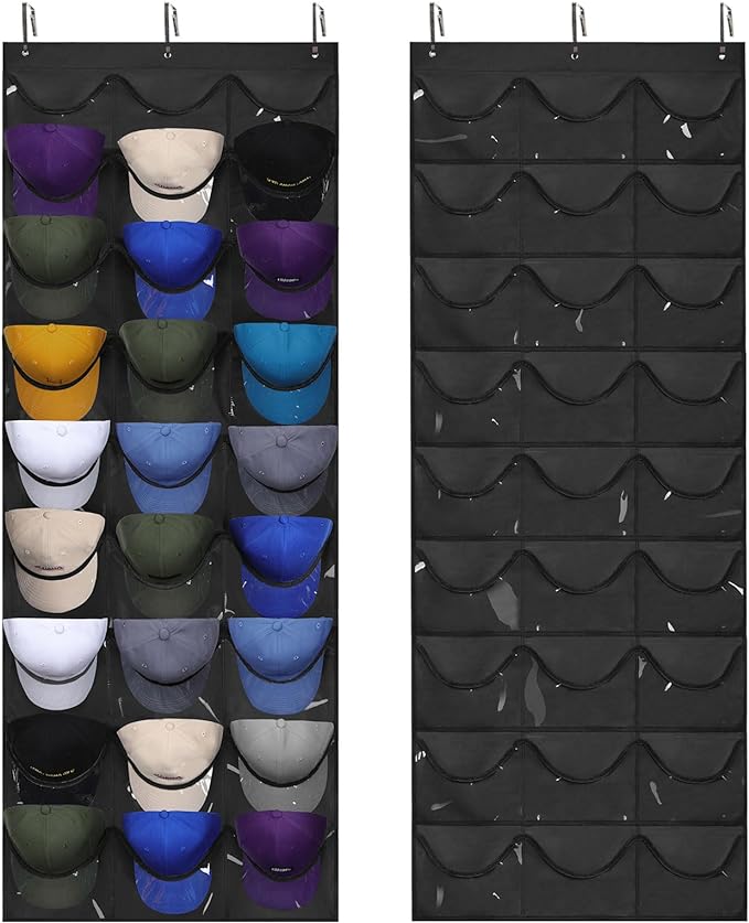 Dofilachy Hat Rack - Hat Organizer - Hat Racks for Baseball Caps, Visible Hat Holder - Baseball Rack for Wall Door with 3 Hooks, 27 Deep Pockets