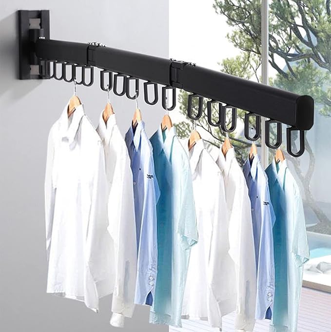 Wall Mount Clothes Drying Rack With Hooks, Retractable Stainless Steel Coat Hanger Rack, Collapsible Clothing Rack, Folding Clothes Hanging Rack for Laundry Balcony Mudroom Bedroom(Black)