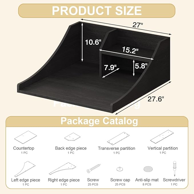 Laundry Countertop Single, 2-Tier Washer Dryer Countertop Laundry Topper with Edge and Non-Slip Pad for Washer Dryer Laundryroom Counter Storage Organization, Black 27‘’
