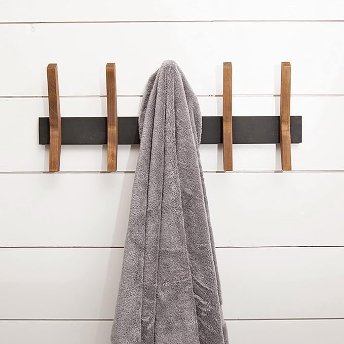 24-Inch Mid Century Coat Rack with 5 Wooden Hooks, Farmhouse Style Hookrail for Bedroom, Living Room, Hallway, and More, Solid Wood, 9.5" H x 24" W x 2.25" D, Black and Walnut