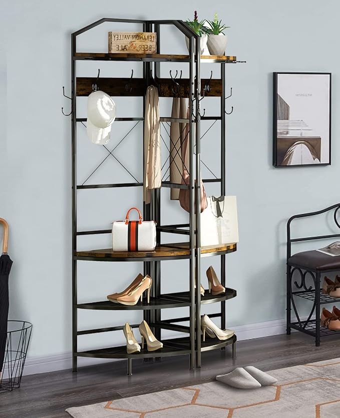 DKLGG 4-Tier Corner Coat Rack with Storage for Entryway, Farmhouse Corner Hall Tree with Bench and 6 Metal Hooks, Freestanding Clothes Rack for Home Office Bedroom