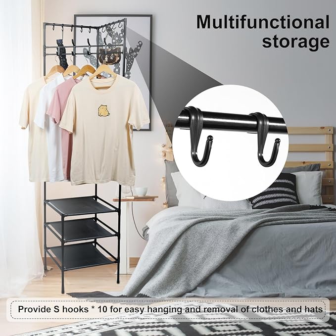 Corner Hall Tree, Freestanding Coat Rack with 3 Tier Shoes Rack Storage and 10 Movable Hooks, Corner Storage Organizer, Metal Entryway Coat Rack, Waterproof Corner Organizer Coat Rack for Home (Black)