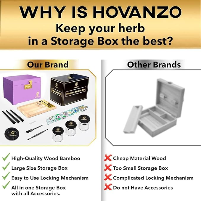 HOVANZO Premium Large Bamboo Storage Box with Removable Tray - Storage Wood Box for Herbs and Accessories - Storage Box Set with Combination Lock - Smell Proof Container with Accessories